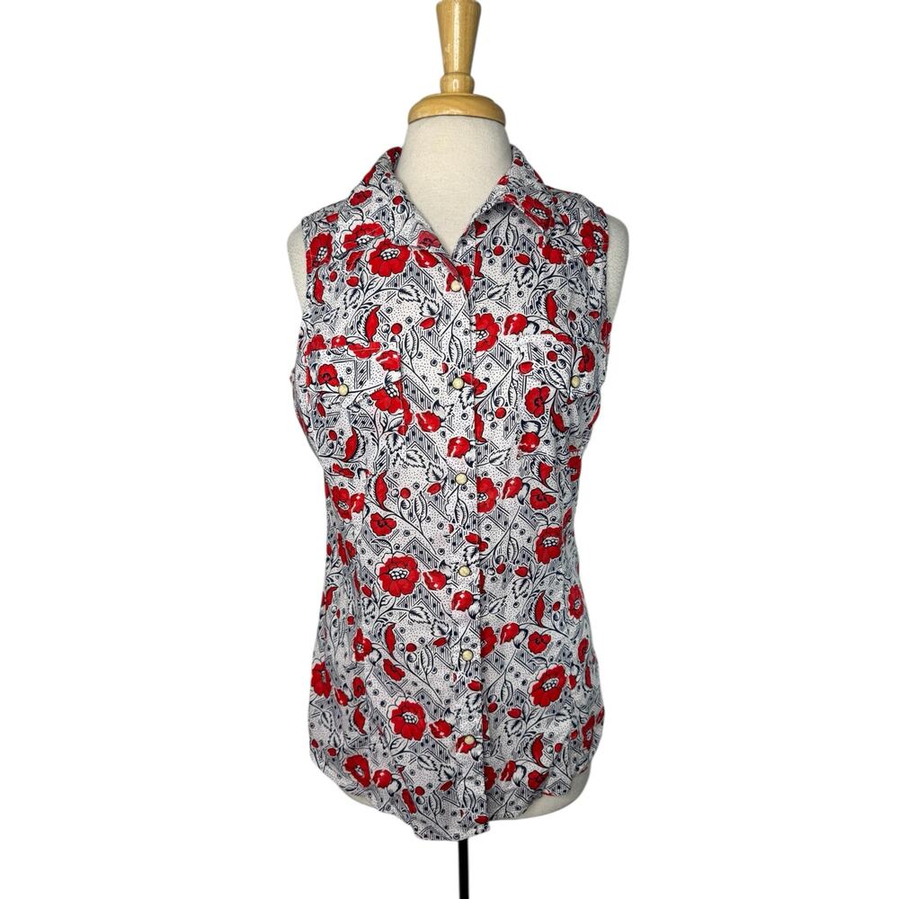 WRANGLER RETRO Floral Snap Front Collared Sleeveless Top Sz Large Red White Blue